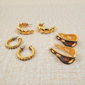 Vintage Estate 3 pc Gold Tone 80's Pierced Hoop Earrings Gift Set Lot (JYS738).